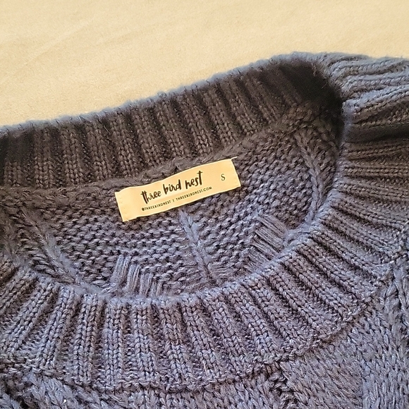 Three Bird Nest Blue Cable Knit Crew Neck Sweater - Picture 2 of 4
